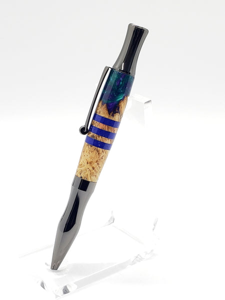 Virage Twist - Gunmetal, Box Elder Burl & Resin Hybrid, Blue Stone Inlay